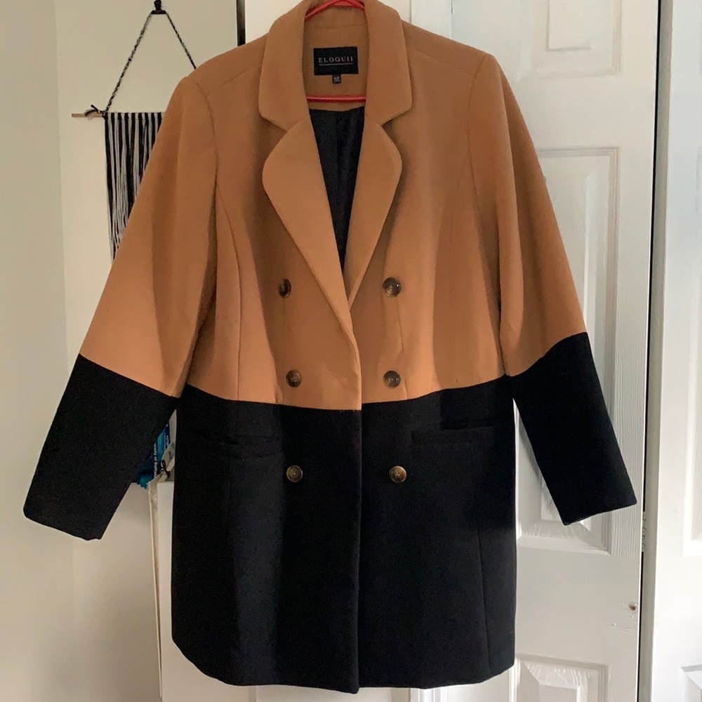 Eloquii Camel tan / black color block winter trench coat size 18 / 20